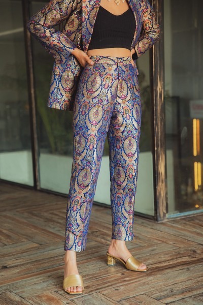 Buy Purple Tussar Top And Banarasi Straight Cut Pants Set